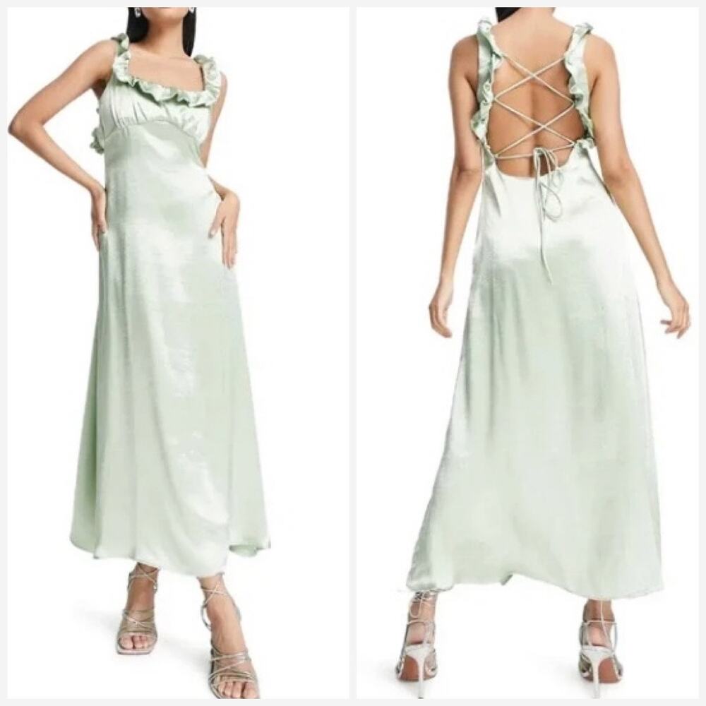 Topshop Dress Womens 10 Green Satin Silky Ruffle Criss Cross Open Back Maxi READ